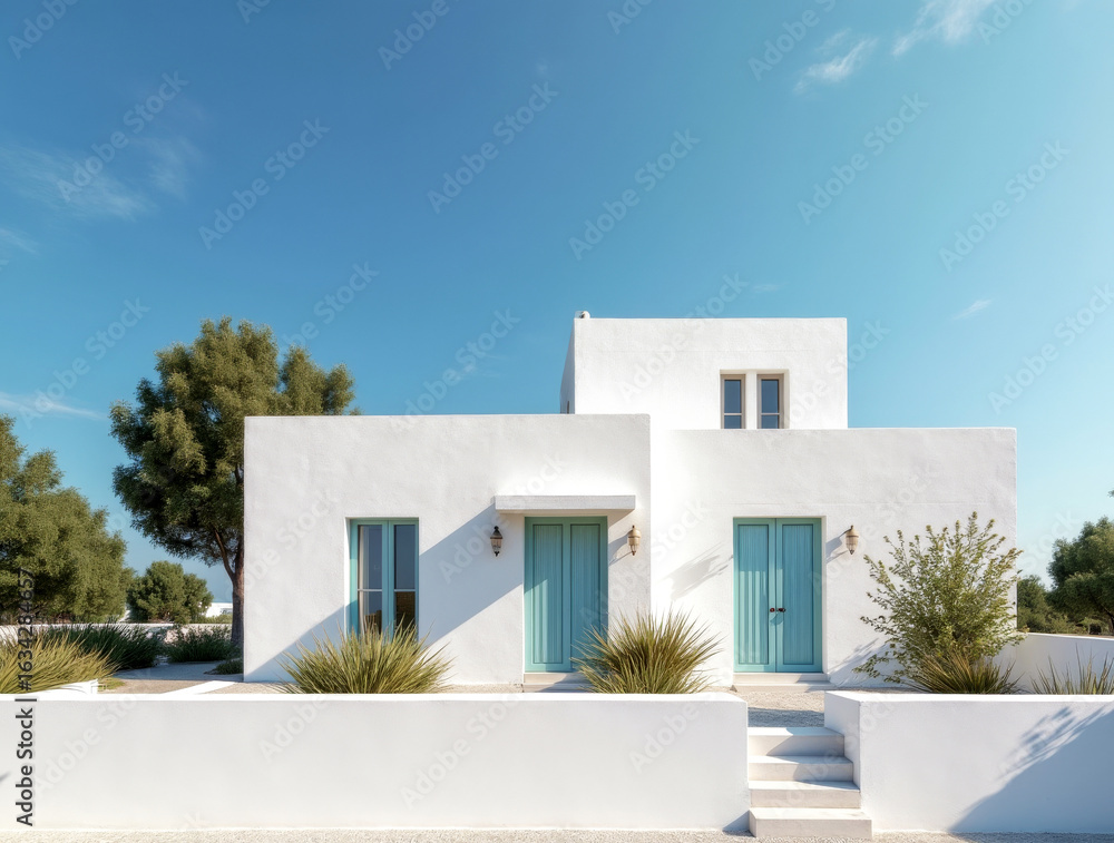 Fototapeta premium traditional_mediterranean_white_house_summer_architectural_background_with_blue_sky
