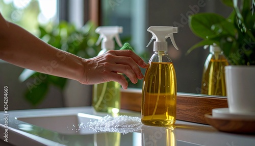 Woman cleaning the bathroom mirror with a spray detergent
