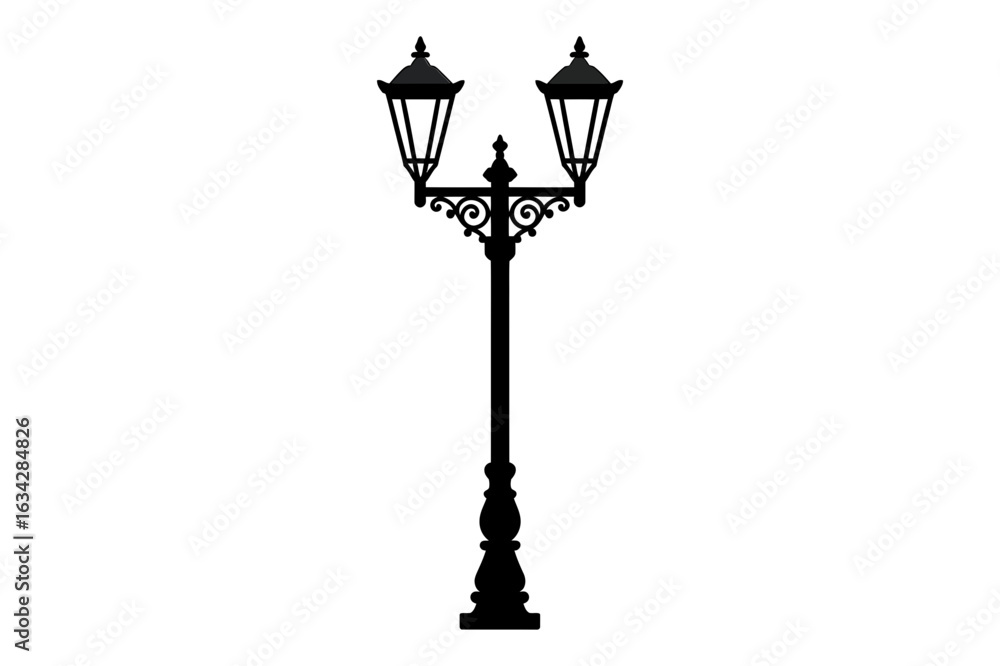 Obraz premium A black silhouette of a vintage street lamp with two lanterns and decorative elements stands tall