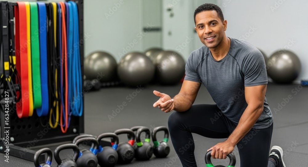 Obraz premium Motivated personal trainer displaying exercise equipment in a modern fitness studio