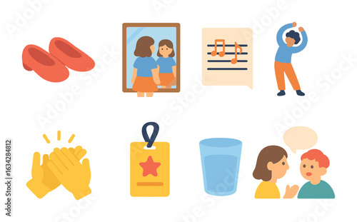 Pre-Performance Support Icons. Flat vector mini-illustrations Helping someone before a performance in colors