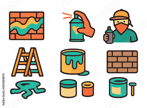 Colorful Street Art Icons. Flat vector mini-illustrations Street art installations in colors children's