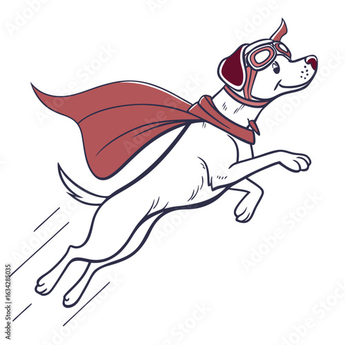 A charming illustration of a heroic dog wearing aviator goggles and a cape