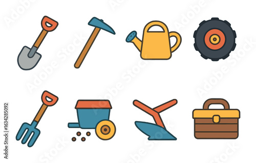 Children's Farm Tools Icons. Flat vector mini-illustrations Farm tools and equipment in colors children's