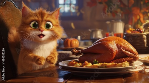 Animated cat gazes longingly at thanksgiving turkey on a wooden table