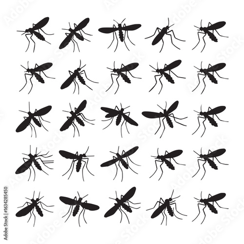 A collection of 20 black silhouettes of mosquitoes arranged in a grid pattern against a white background. 