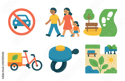 Car-Free Urban Icons. Flat vector mini-illustrations Car-free urban zones in colors children's illustrations:
