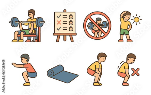 Gym Safety Icons. Flat vector mini-illustrations Gym safety and form correction in colors children's