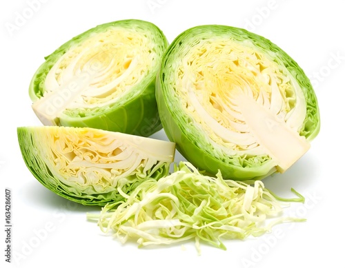 Fresh cabbage halves and shreds on white