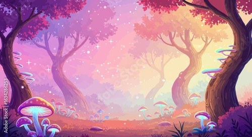 Enchanted twilight forest with luminous mushrooms and flora