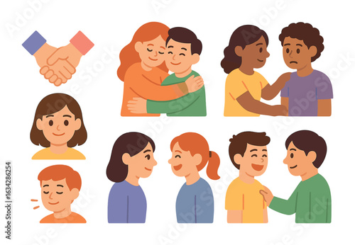 Non-Verbal Affection Icons. Flat vector mini-illustrations Non-verbal communication in relationships in colors