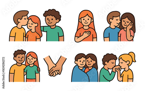 Childlike Affection Illustrations. Flat vector mini-illustrations Gestures of affection in relationships in