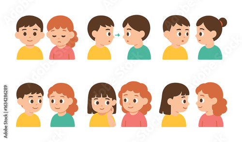 Eye Contact Icons. Flat vector mini-illustrations Eye contact dynamics in colors children's illustrations: