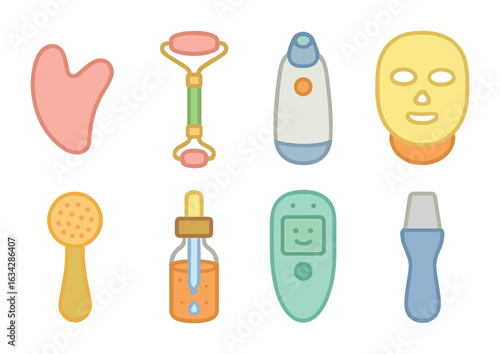 Facial Tools Icons. Flat vector mini-illustrations facial treatment tools in colors children's illustrations: