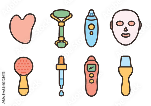 Facial Tools Icons. Flat vector mini-illustrations facial treatment tools in colors children's illustrations: