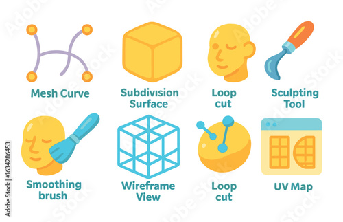 3D Modeling Techniques Icons. Flat vector mini-illustrations smoothing techniques in 3D modeling in colors