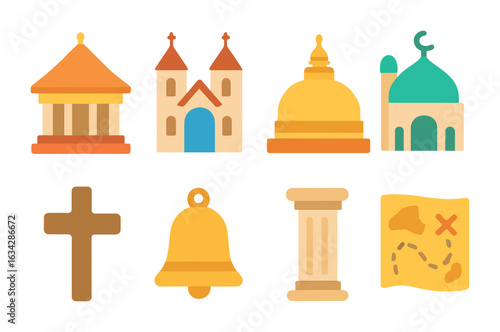 Religious Sites Icons. Flat vector mini-illustrations major religious sites in colors children's illustrations