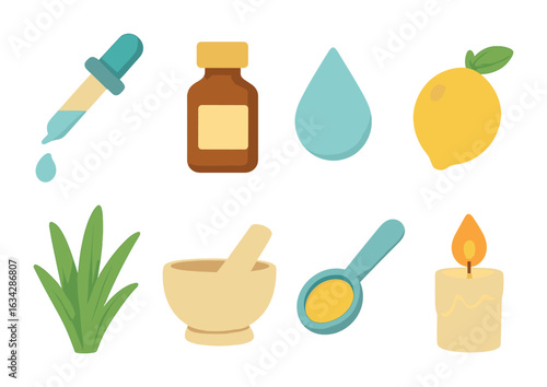 Homeopathic Icons Grid. Flat vector mini-illustrations homeopathic drops and tinctures in colors children's