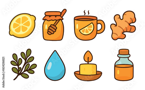 Home Remedy Icons. Flat vector mini-illustrations home remedies for colds in colors children's illustrations: