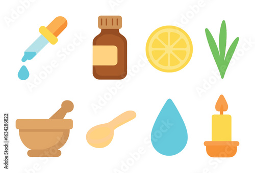 Homeopathic Icons Grid. Flat vector mini-illustrations homeopathic drops and tinctures in colors children's