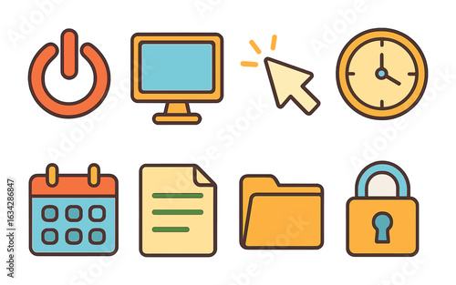 Childlike Office Icons. Flat vector mini-illustrations office computer shutdown in colors children's