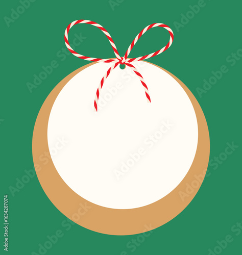Christmas paper kraft tag with white frame, round gift label tied up with cotton striped red rope bakers twine bow, ribbons for New Year. Hand drawn flat vector isolated on green backgraund EPS