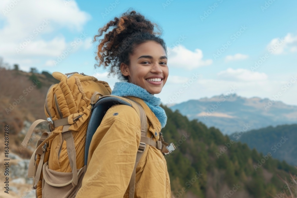 Naklejka premium Mixed race teen woman backpack backpacking mountain.