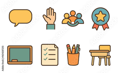 Class Participation Icons. Flat vector mini-illustrations Class participation tracker in colors children's