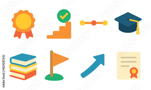 Learning Achievements Icons. Flat vector mini-illustrations Learning milestones in colors children's