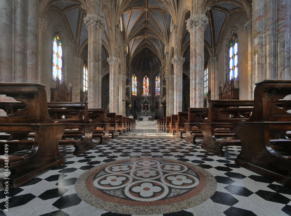 Obraz premium San Giovanni Battista church interieur in neo Gothic style in Taleggio valley, Lombardy, Italy 