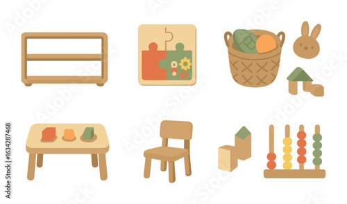Montessori Playroom Icons. Flat vector mini-illustrations Montessori playroom in colors children's