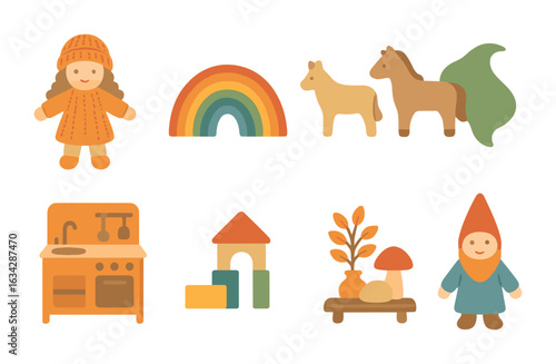 Waldorf Toys Icons. Flat vector mini-illustrations Waldorf toys in colors children's illustrations: knitted