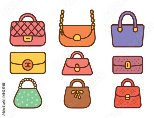 Designer Handbag Icons. Flat vector mini-illustrations Designer handbags in colors children's illustrations: