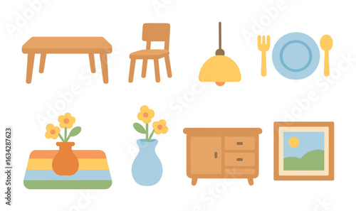 Kid's Room Essentials. Flat vector mini-illustrations Living room dining combo in colors children's