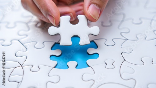 Hand placing the final white puzzle piece into a blue gap completing the picture
