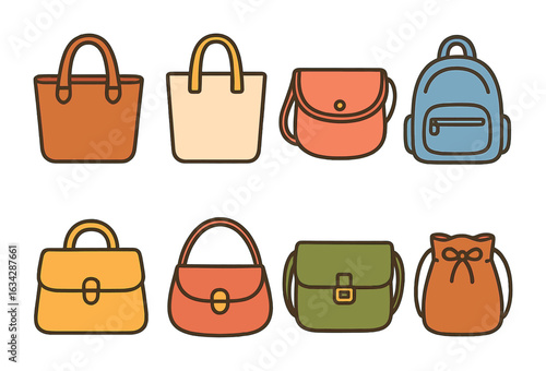 Colorful Handbag Icons. Flat vector mini-illustrations Everyday handbags in colors children's illustrations: