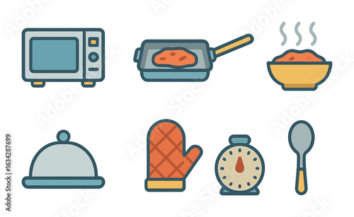 Reheating Leftovers Icons. Flat vector mini-illustrations Reheating leftovers in colors children's