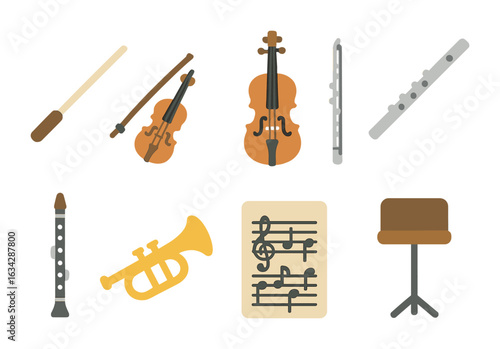 Orchestra Instruments Grid. Flat vector mini-illustrations Ballet orchestra pit in colors children's
