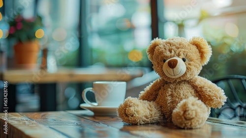 Teddy bear and a cup of coffee placed on a rustic wooden table in a cafe