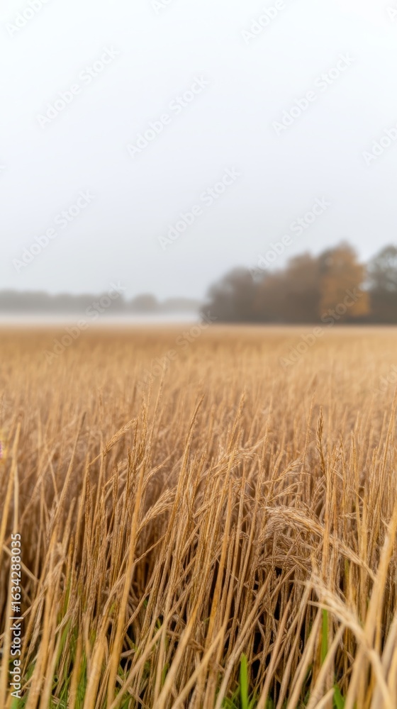 Obraz premium Golden Wheat Field in Autumn Mist: A Serene Rural Landscape Capturing the Tranquil Beauty of Harvest Season and Earthy Tones