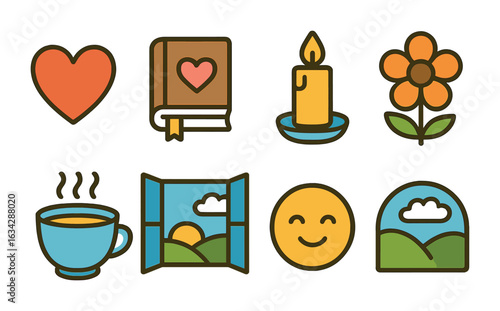 Emotional Healing Icons. Flat vector mini-illustrations Emotional healing in colors children's illustrations: