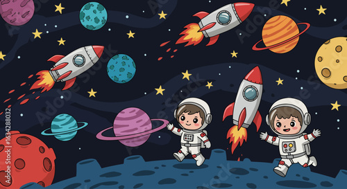 Cartoon children astronauts exploring a whimsical outer space scene.
