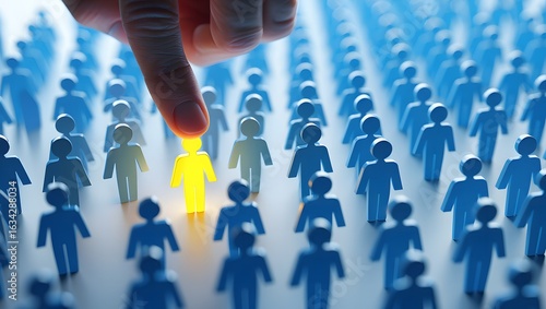 Finger pointing to a glowing yellow person figure among many blue figures representing selection