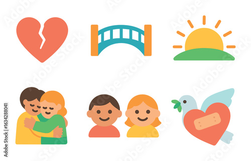 Healing and Unity Icons. Flat vector mini-illustrations Overcoming betrayal in colors children's illustrations