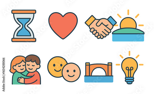 Children's Trust Icons. Flat vector mini-illustrations Patience in rebuilding trust in colors children's