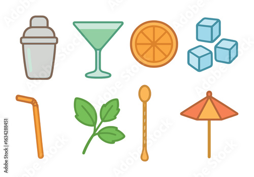 Colorful Cocktail Icons. Flat vector mini-illustrations Craft cocktails in colors children's illustrations: