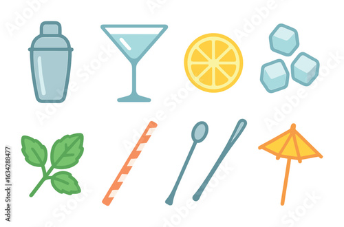 Colorful Cocktail Icons. Flat vector mini-illustrations Craft cocktails in colors children's illustrations: