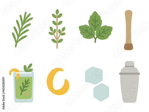 Herbal Cocktail Icons. Flat vector mini-illustrations Herbal infused cocktails in colors children's