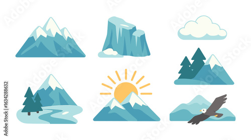 Snowy Mountain Icons. Flat vector mini-illustrations Snow-capped mountain range in colors children's