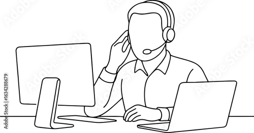Remote Call Conference Line Drawing of Person with Headset Vector